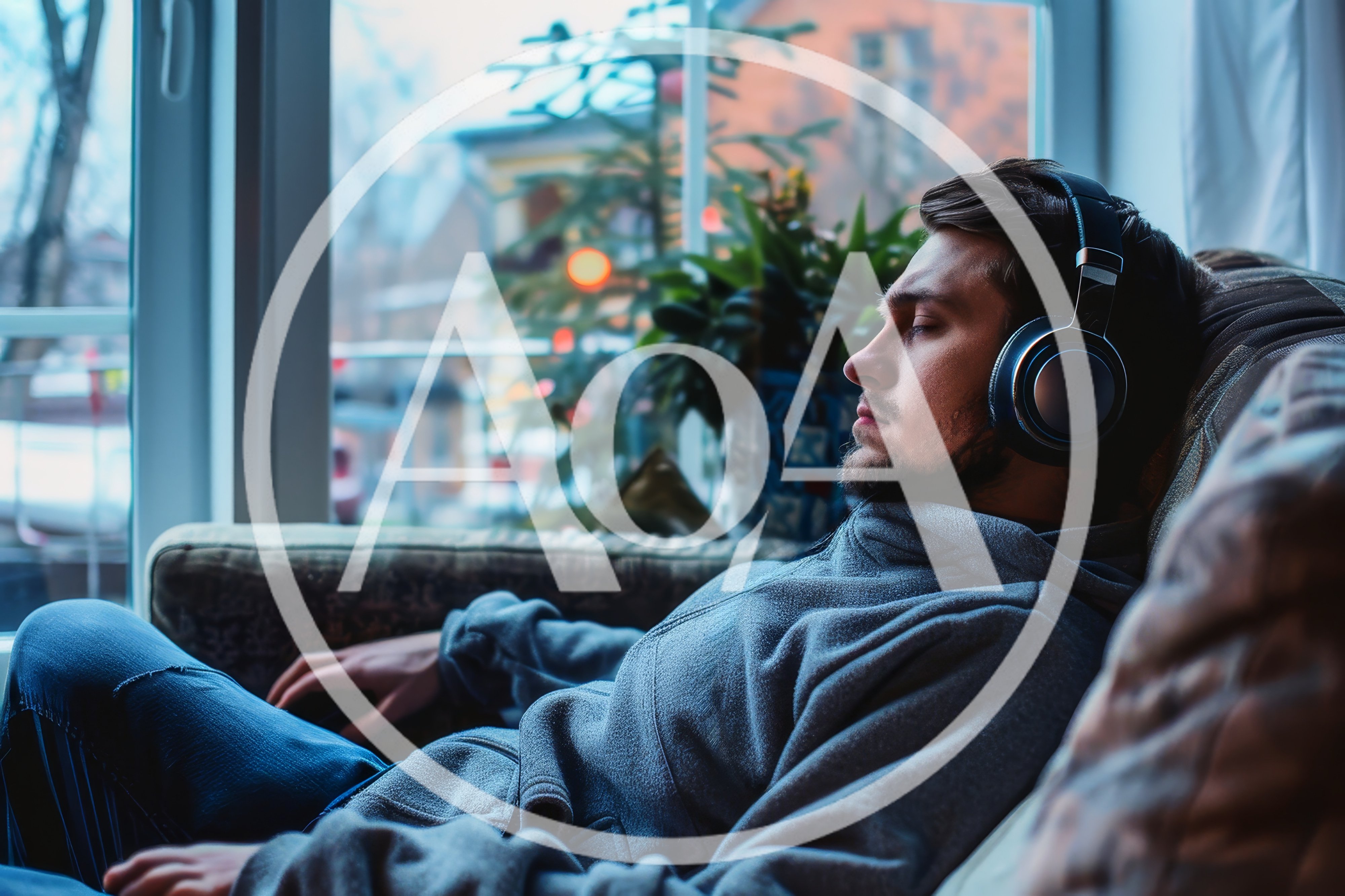 Young Man Relaxing In Armchair Listening To Music