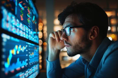 Financial Trader Analyzing Stock Market Data On Multiple Monitors