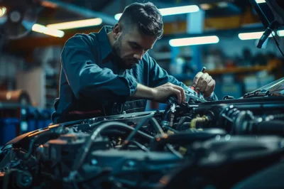Professional Mechanic Repairing Car Engine In Auto Workshop