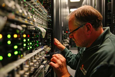 IT Technician Working On Server Rack In Data Center
