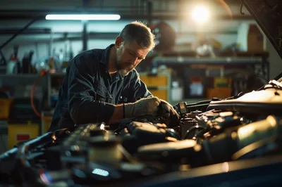 Professional Mechanic Repairing Car Engine In Auto Workshop