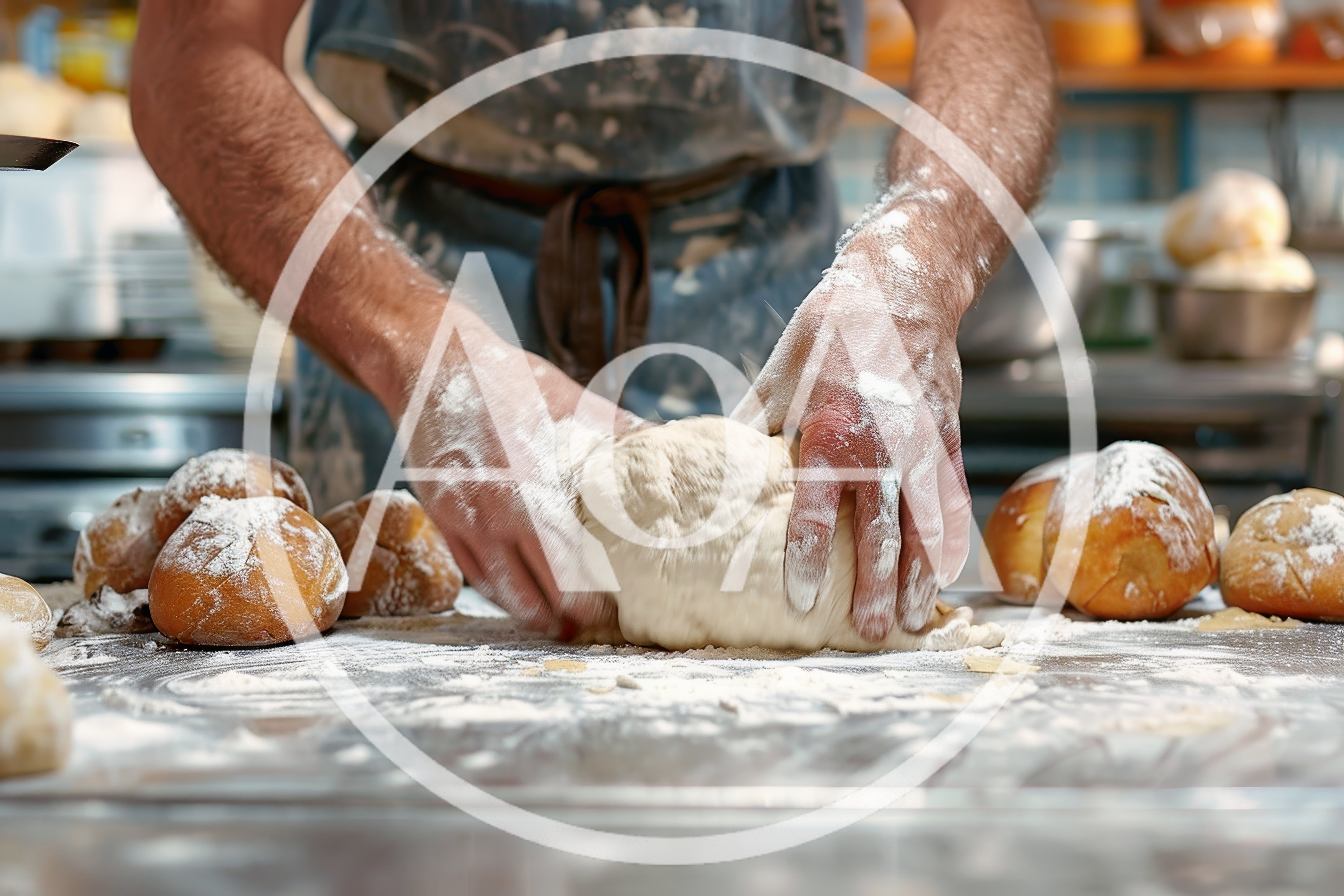 Professional Baker Kneading Fresh Dough In A Bakery