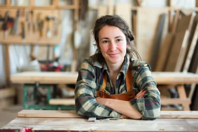 Female Woodworker Smiling In Her Professional Workshop