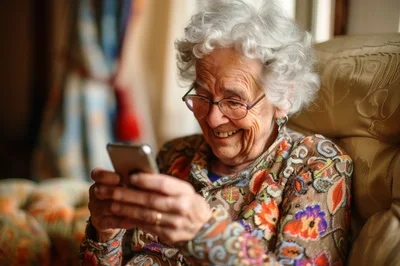 Elderly Woman Smiling While Using Her Smartphone