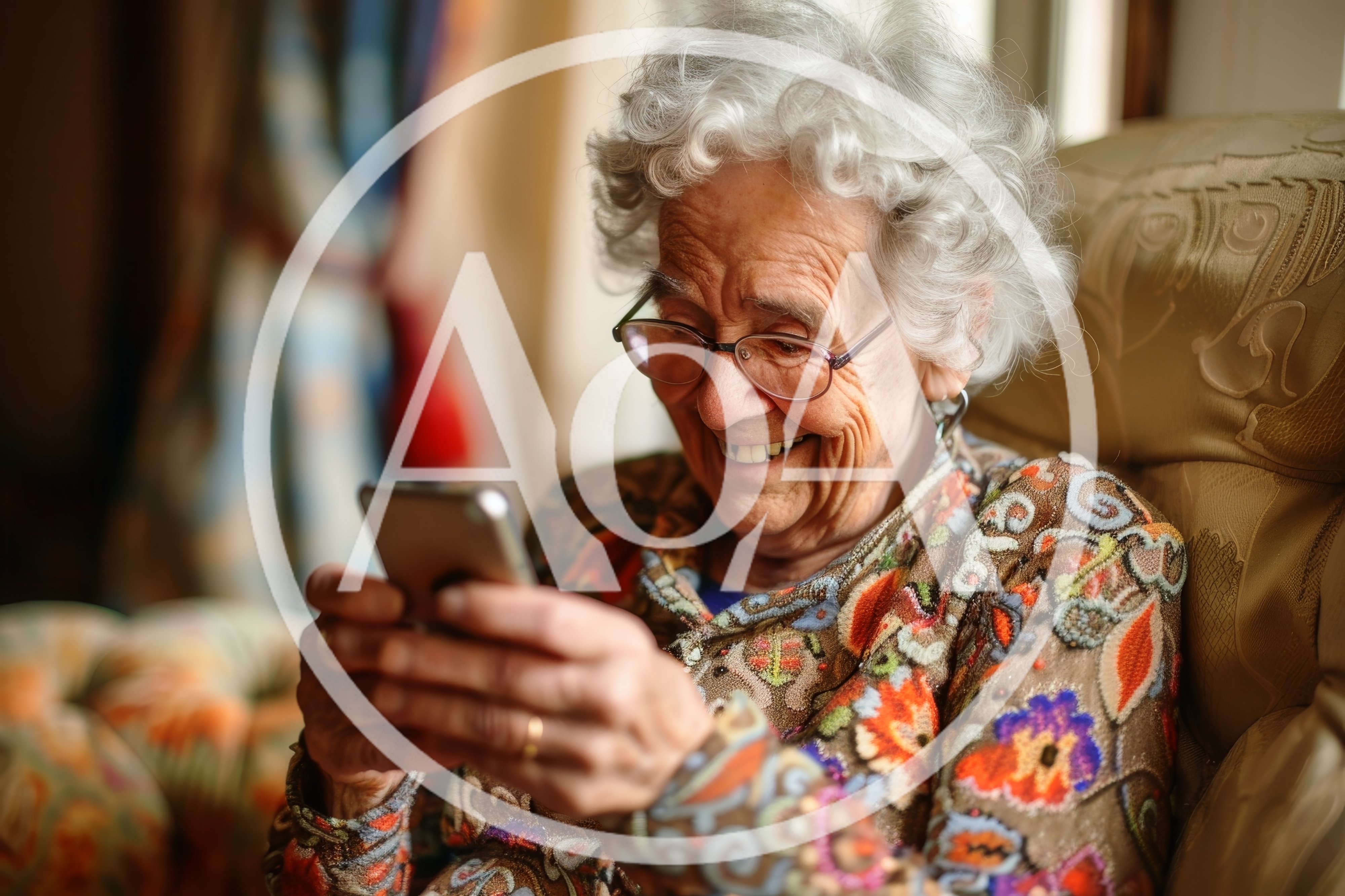 Elderly Woman Smiling While Using Her Smartphone