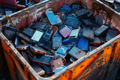 Pile Of Discarded Old Mobile Phones In Bin