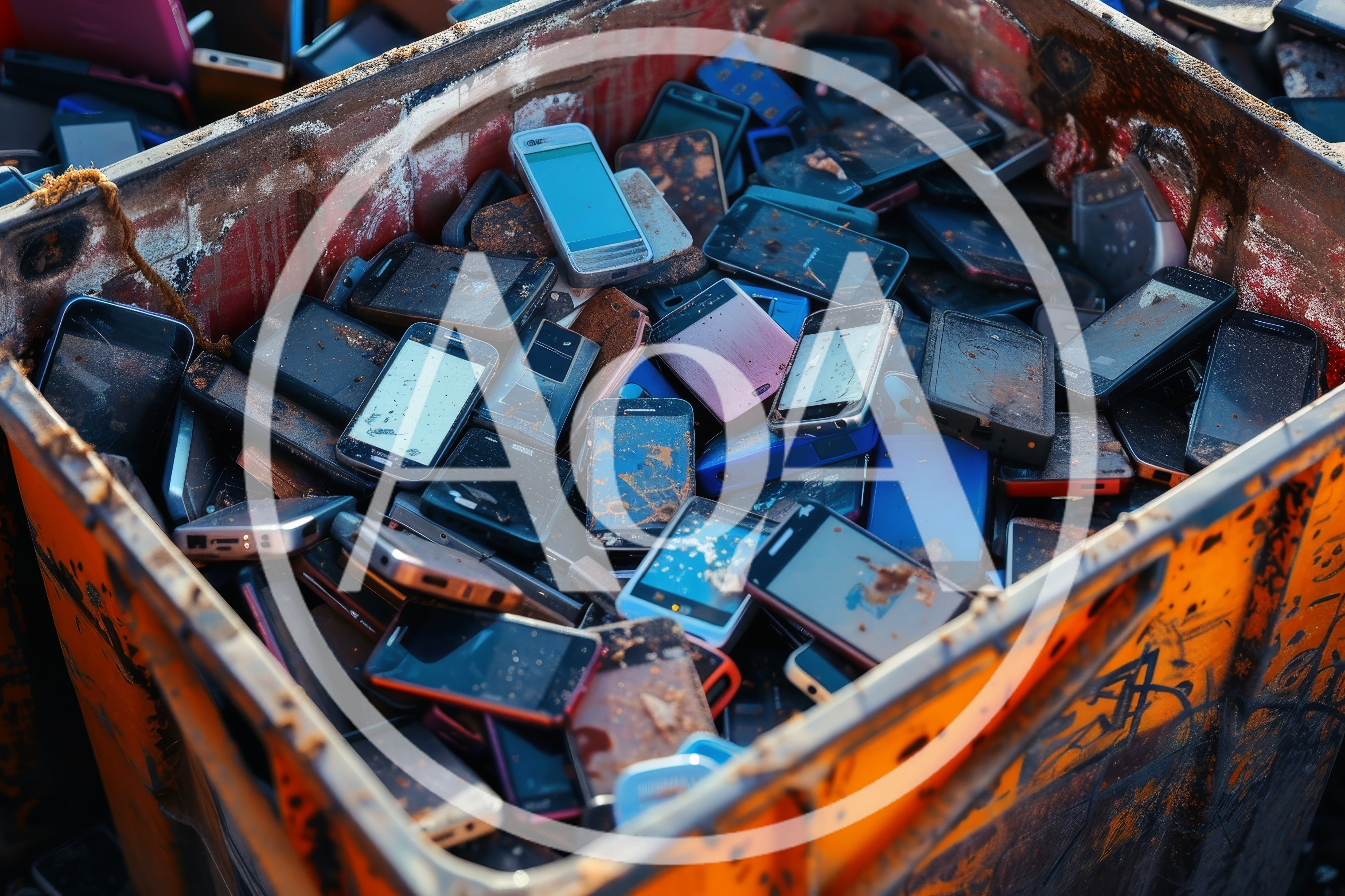 Pile Of Discarded Old Mobile Phones In Bin