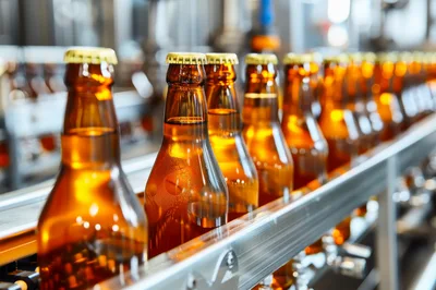 Amber Beer Bottles Moving Along Industrial Conveyor Belt