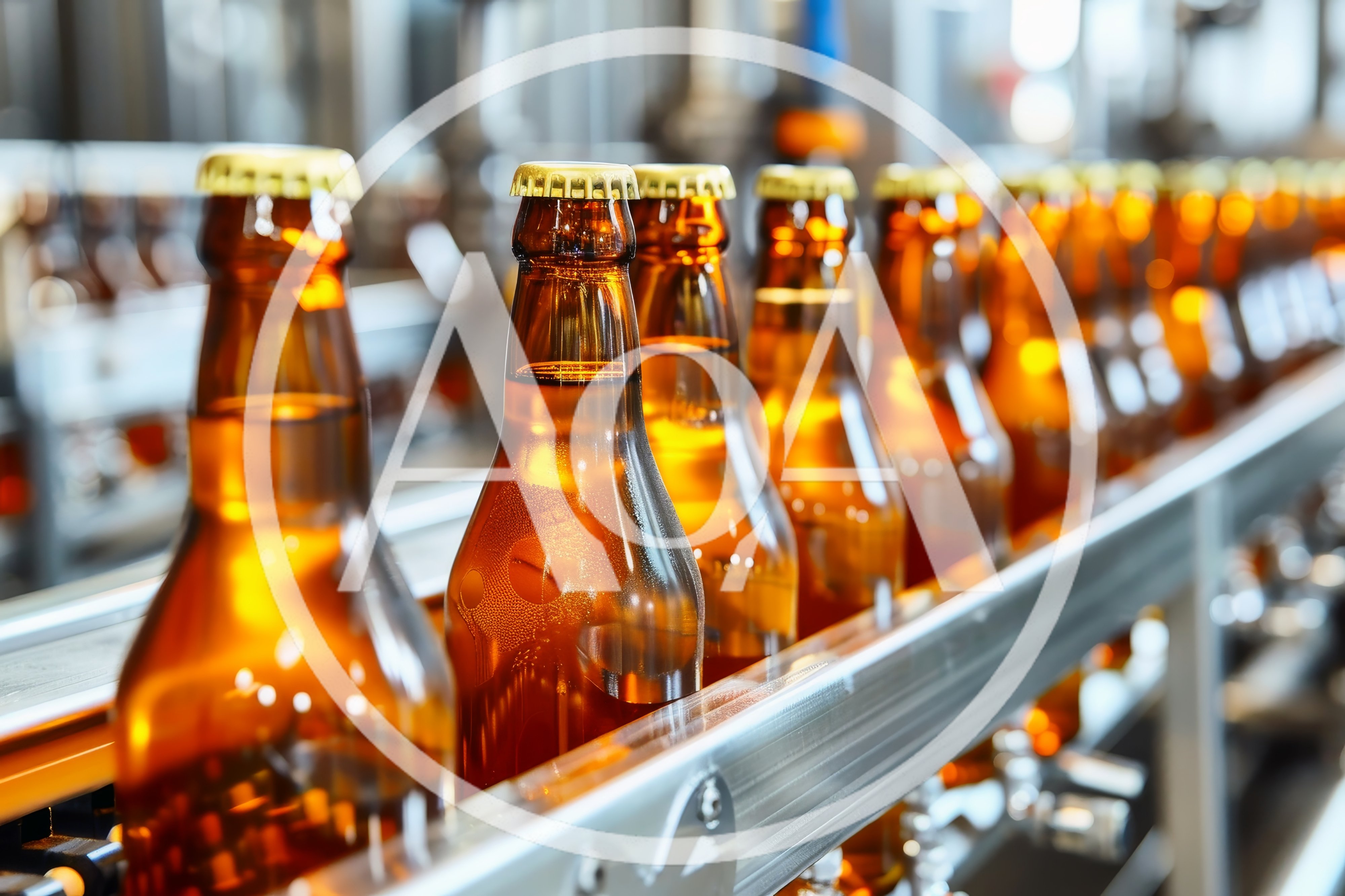 Amber Beer Bottles Moving Along Industrial Conveyor Belt