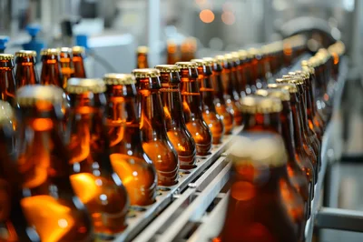 Amber Beer Bottles Moving Along Industrial Conveyor Belt