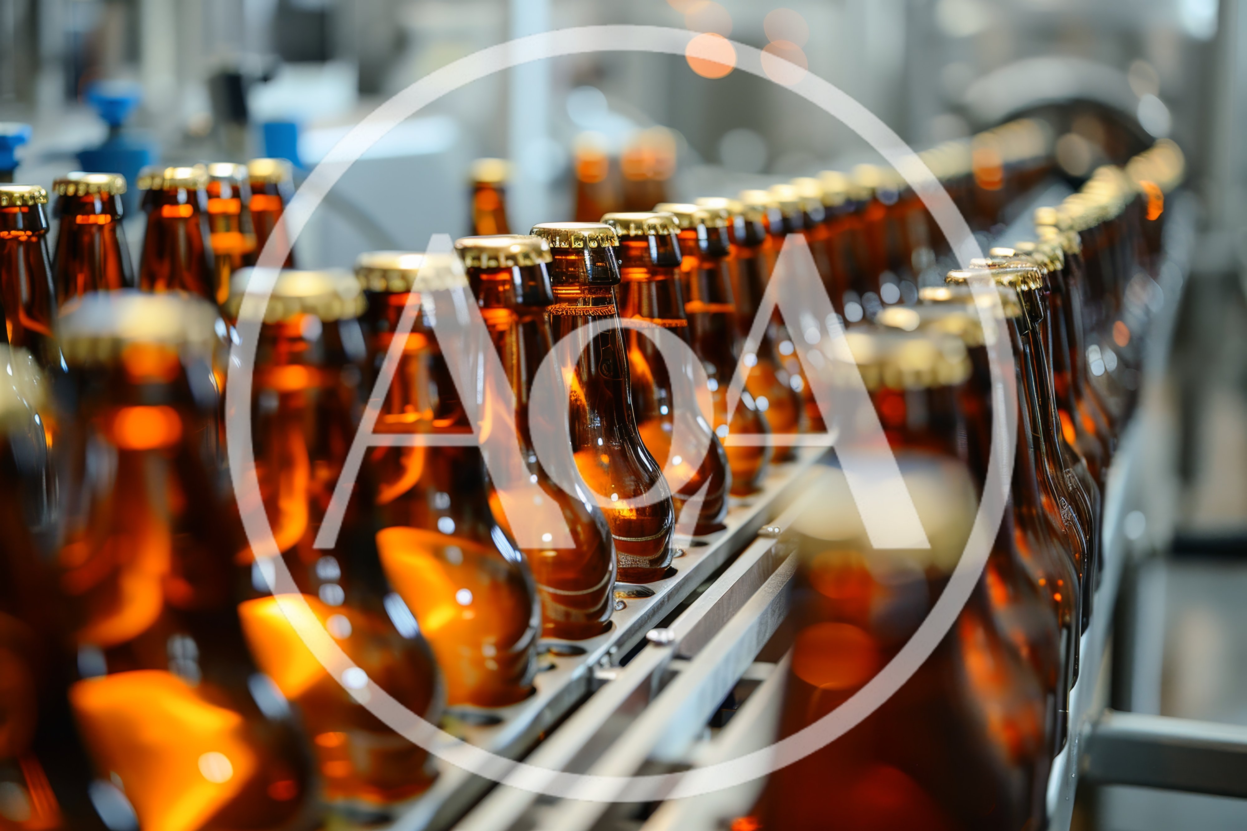 Amber Beer Bottles Moving Along Industrial Conveyor Belt