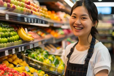 Smiling Grocery Store Clerk Working In Produce Section