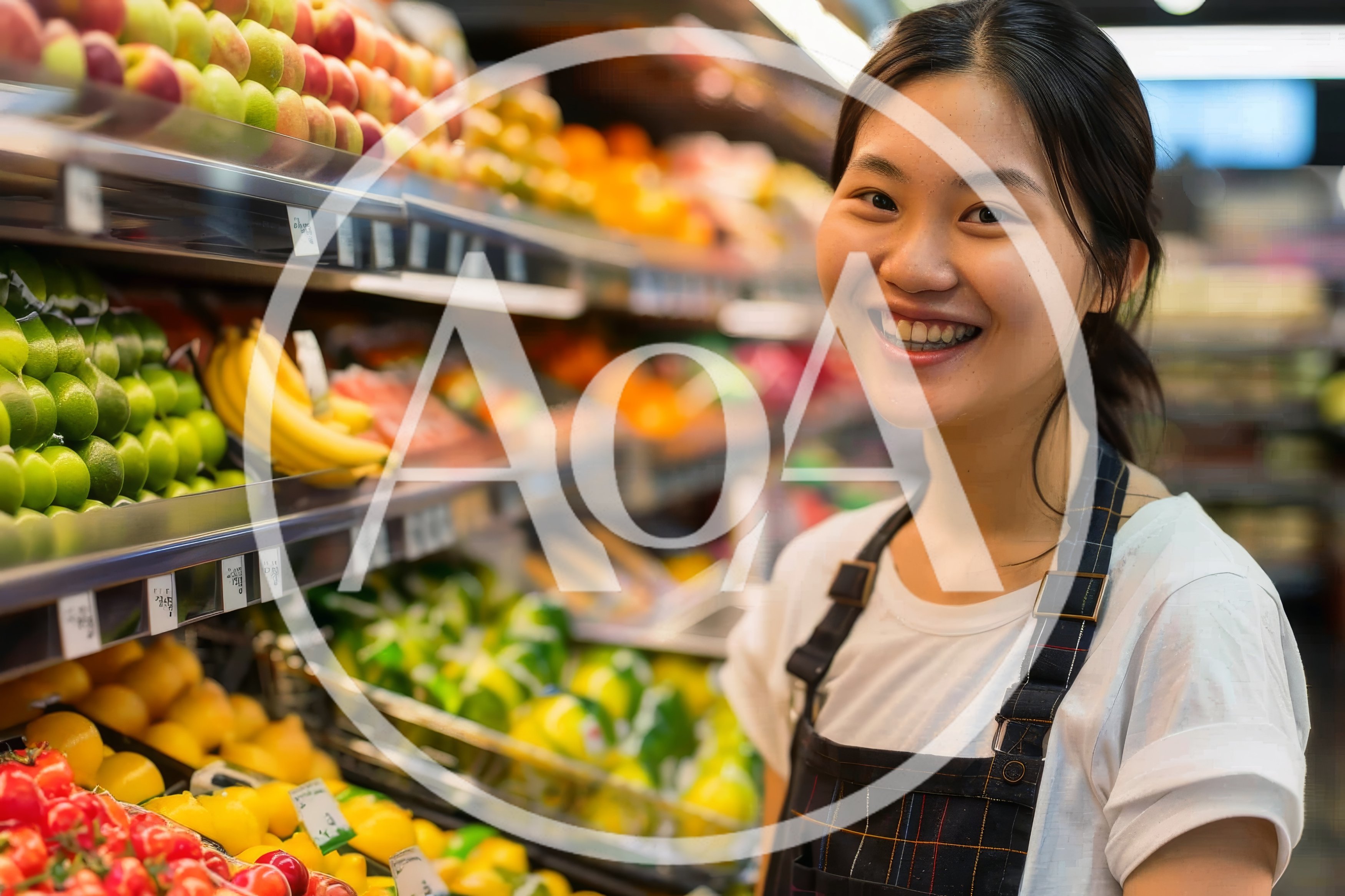 Smiling Grocery Store Clerk Working In Produce Section