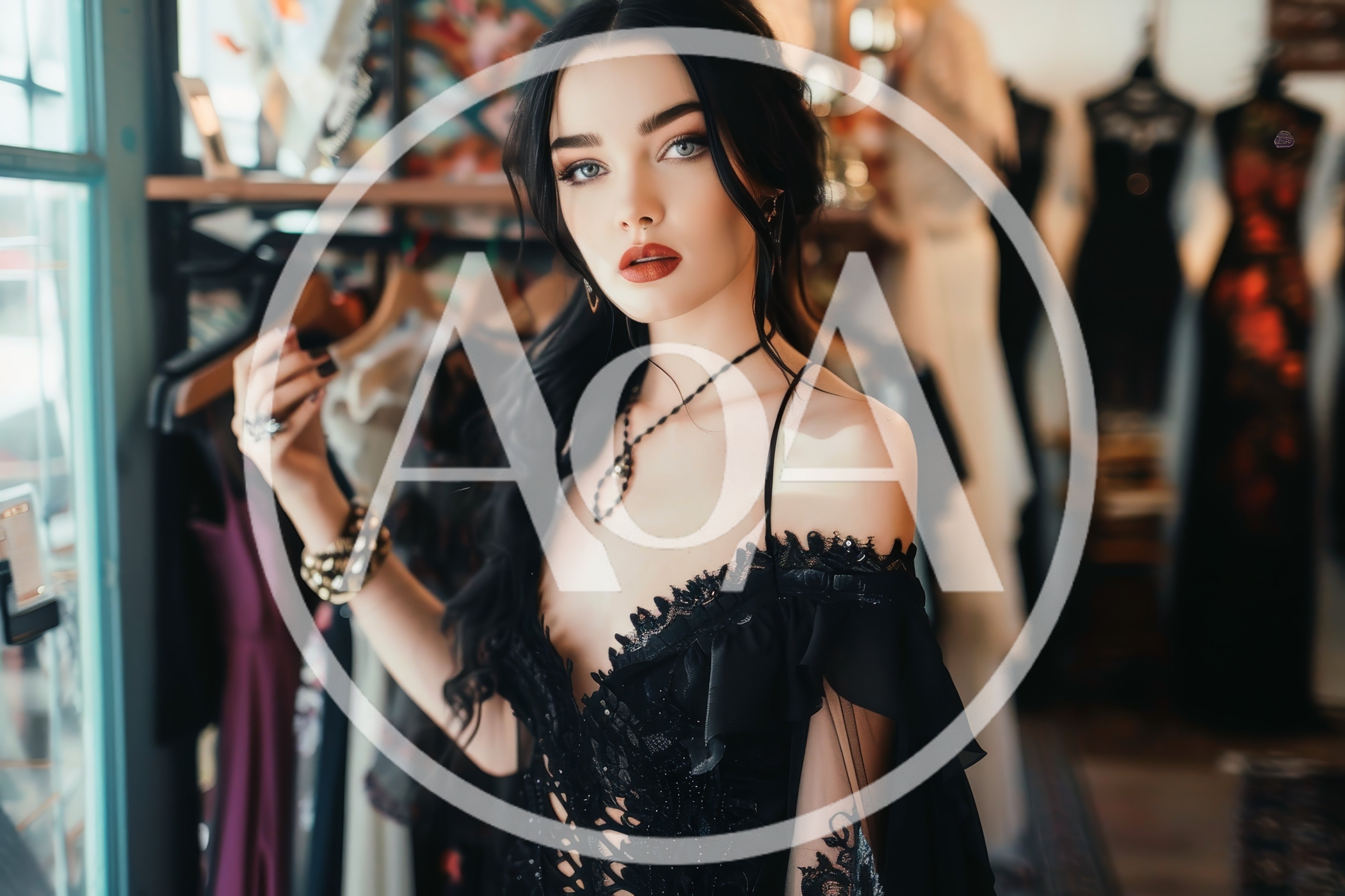 Elegant Woman In Black Lace Dress At Boutique