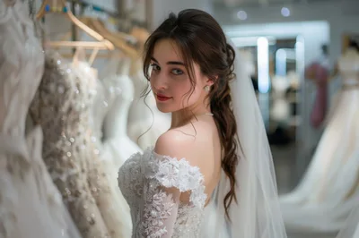 Beautiful Bride Trying On Wedding Dress In Boutique
