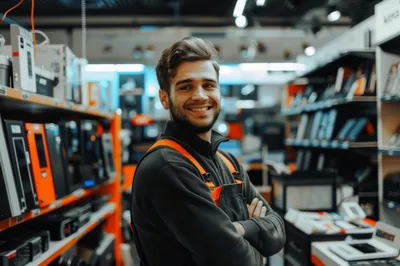 Smiling Hardware Store Employee Standing In Aisle