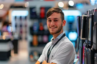 Young Male Retail Associate Smiling In Electronics Store