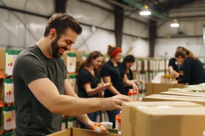 Volunteers Packing Food Boxes In A Warehouse
