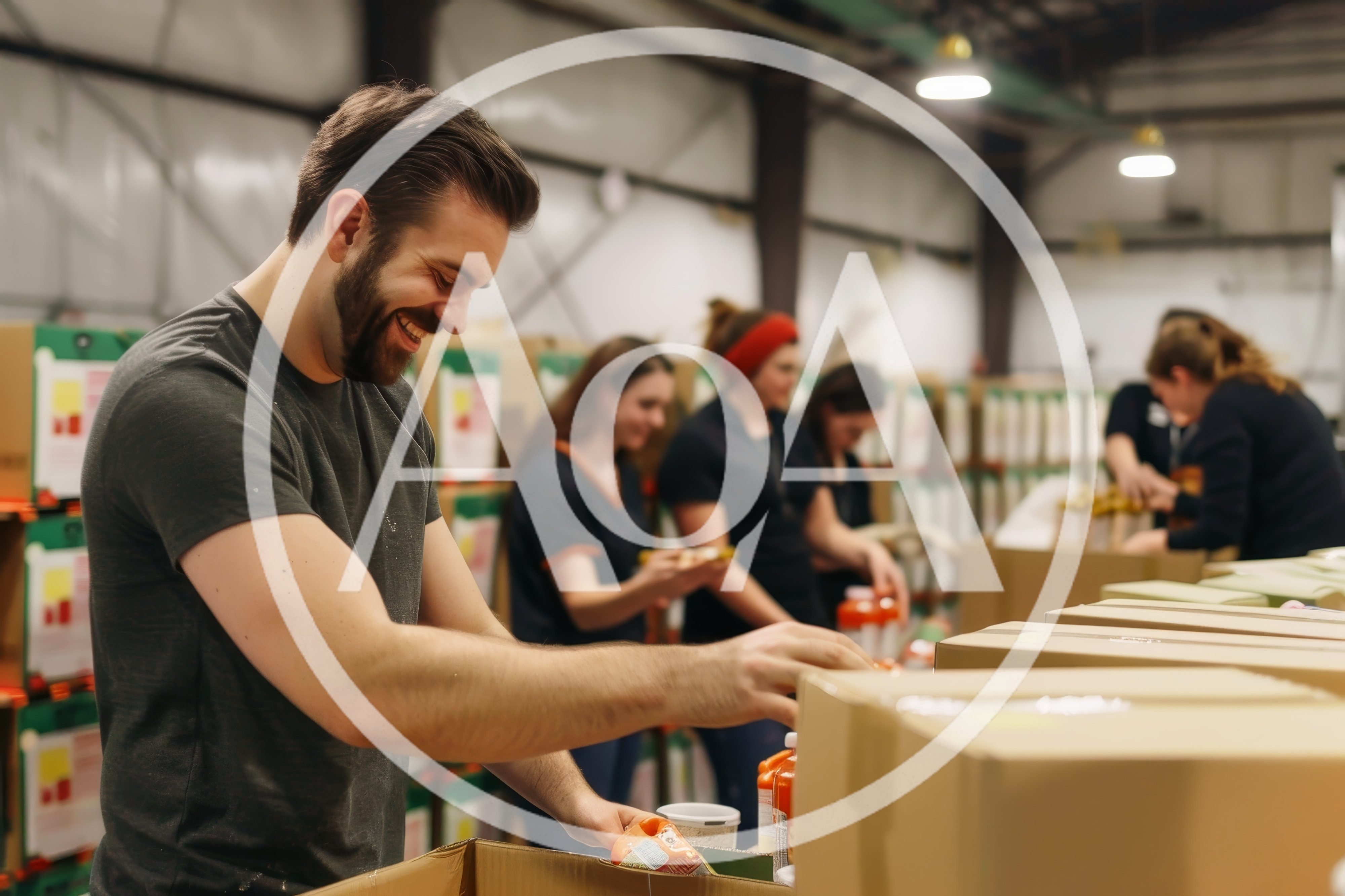Volunteers Packing Food Boxes In A Warehouse