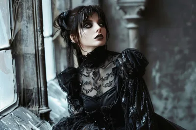 Gothic Woman in Victorian Dress Near Window