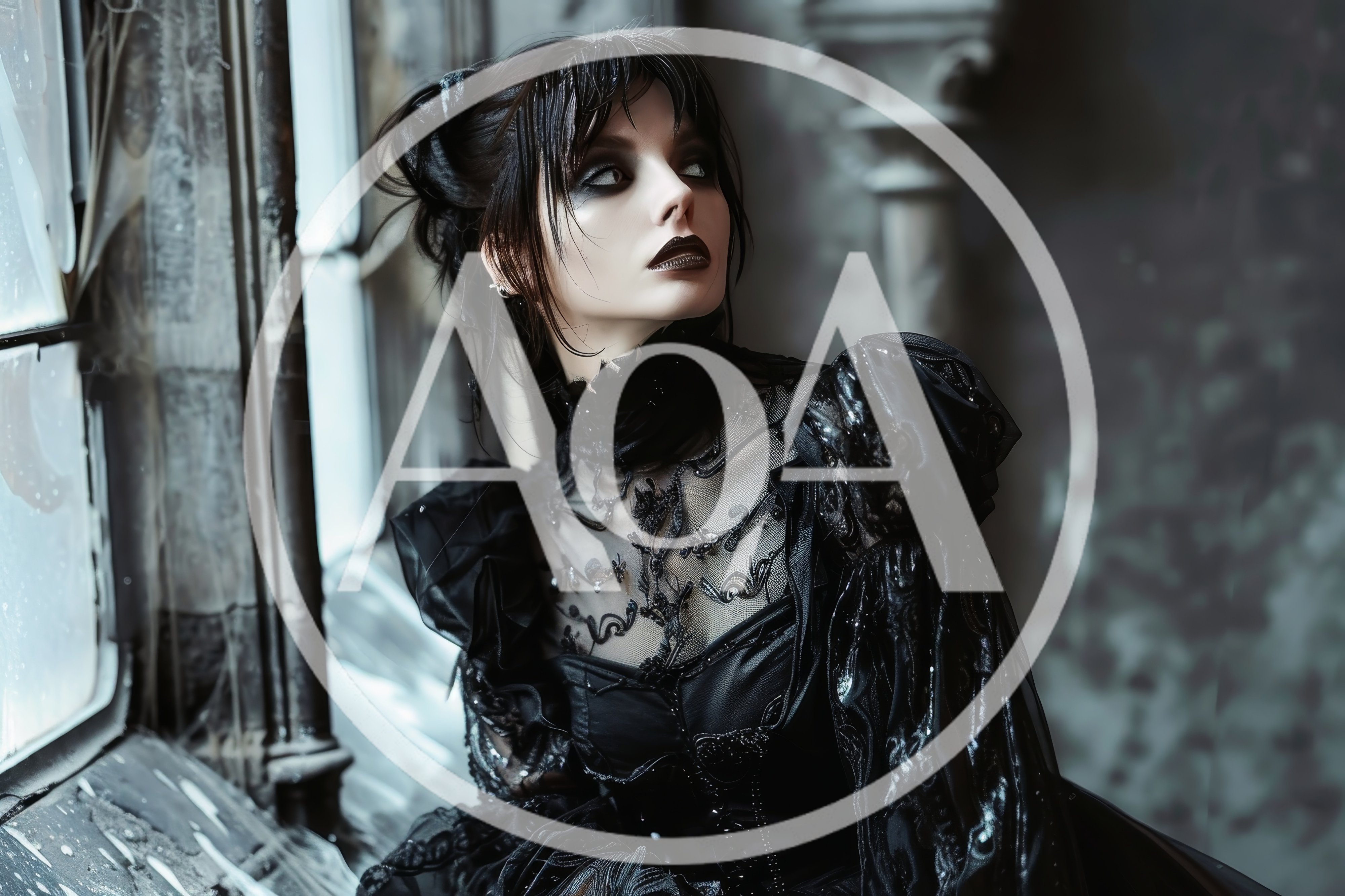 Gothic Woman in Victorian Dress Near Window