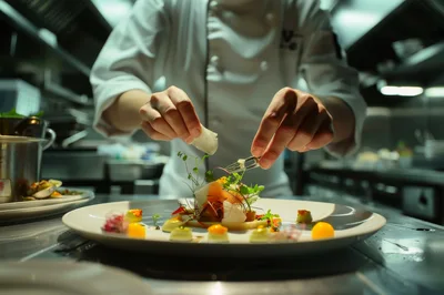 Professional Chef Plating Gourmet Dish In Restaurant Kitchen