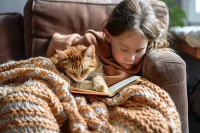 Young Girl Reading Book With Sleeping Ginger Cat