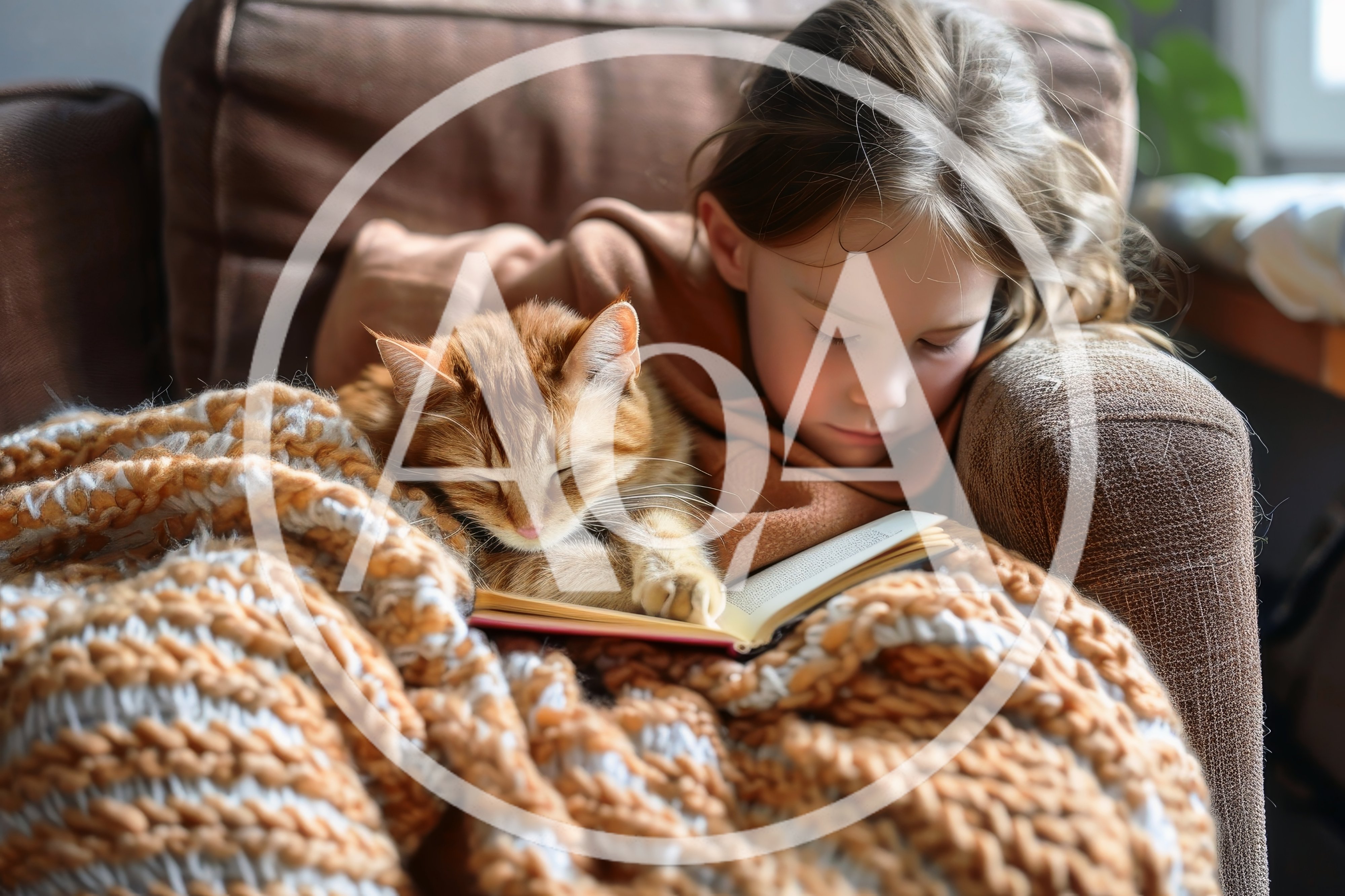 Young Girl Reading Book With Sleeping Ginger Cat