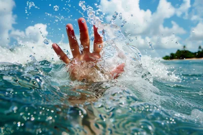 Hand Reaching Out From Ocean Waves