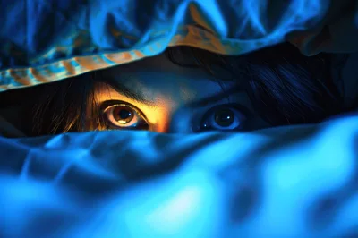 Person Peeking Out From Under Blue Bedding