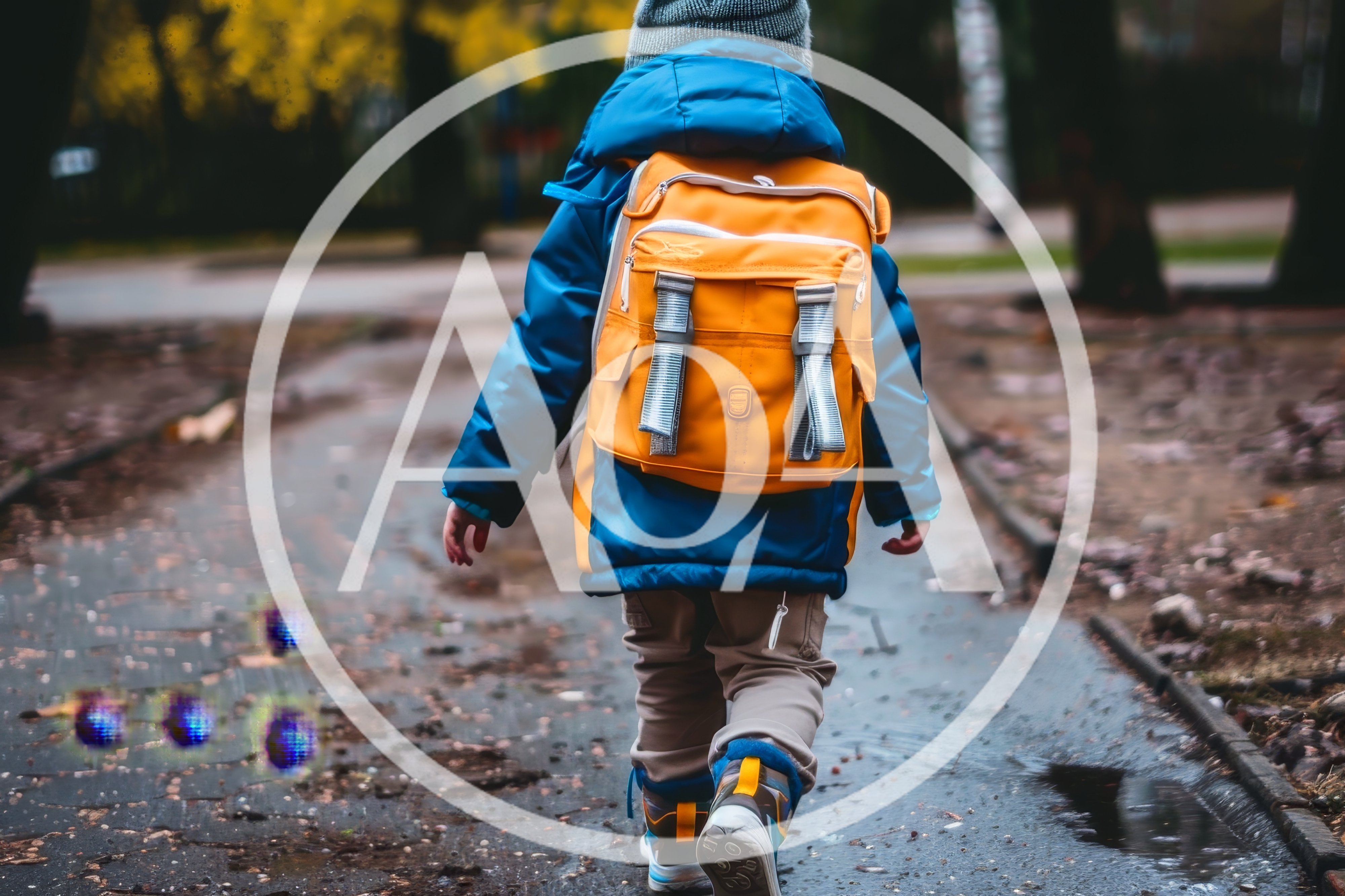 Young Child Walking Outdoors With A Yellow Backpack