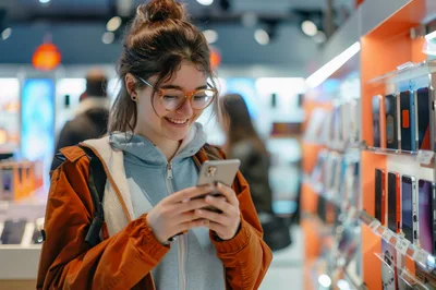 Young Woman Browsing Smartphone In Electronics Store