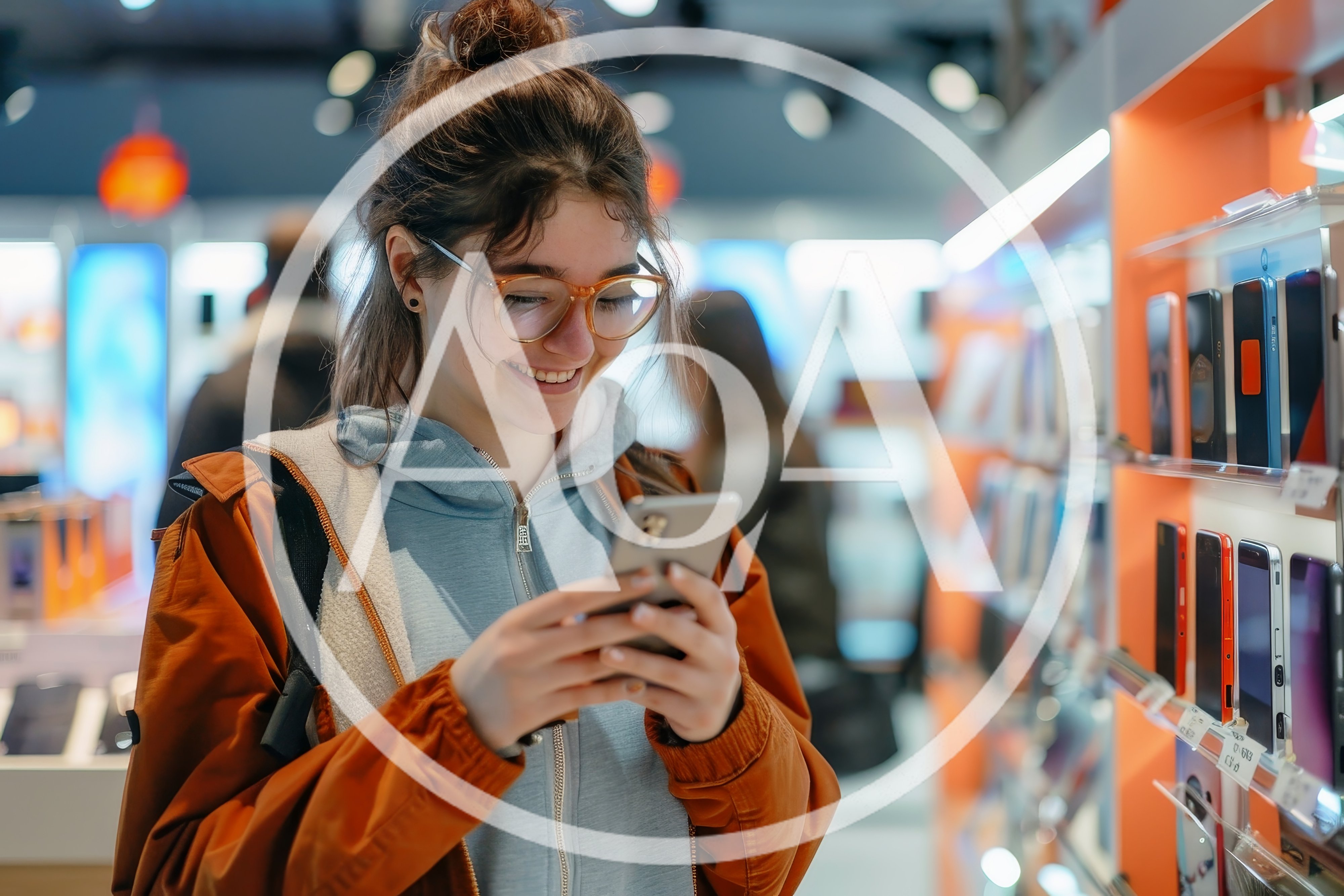 Young Woman Browsing Smartphone In Electronics Store
