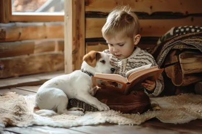Young Boy Reading A Book With His Puppy