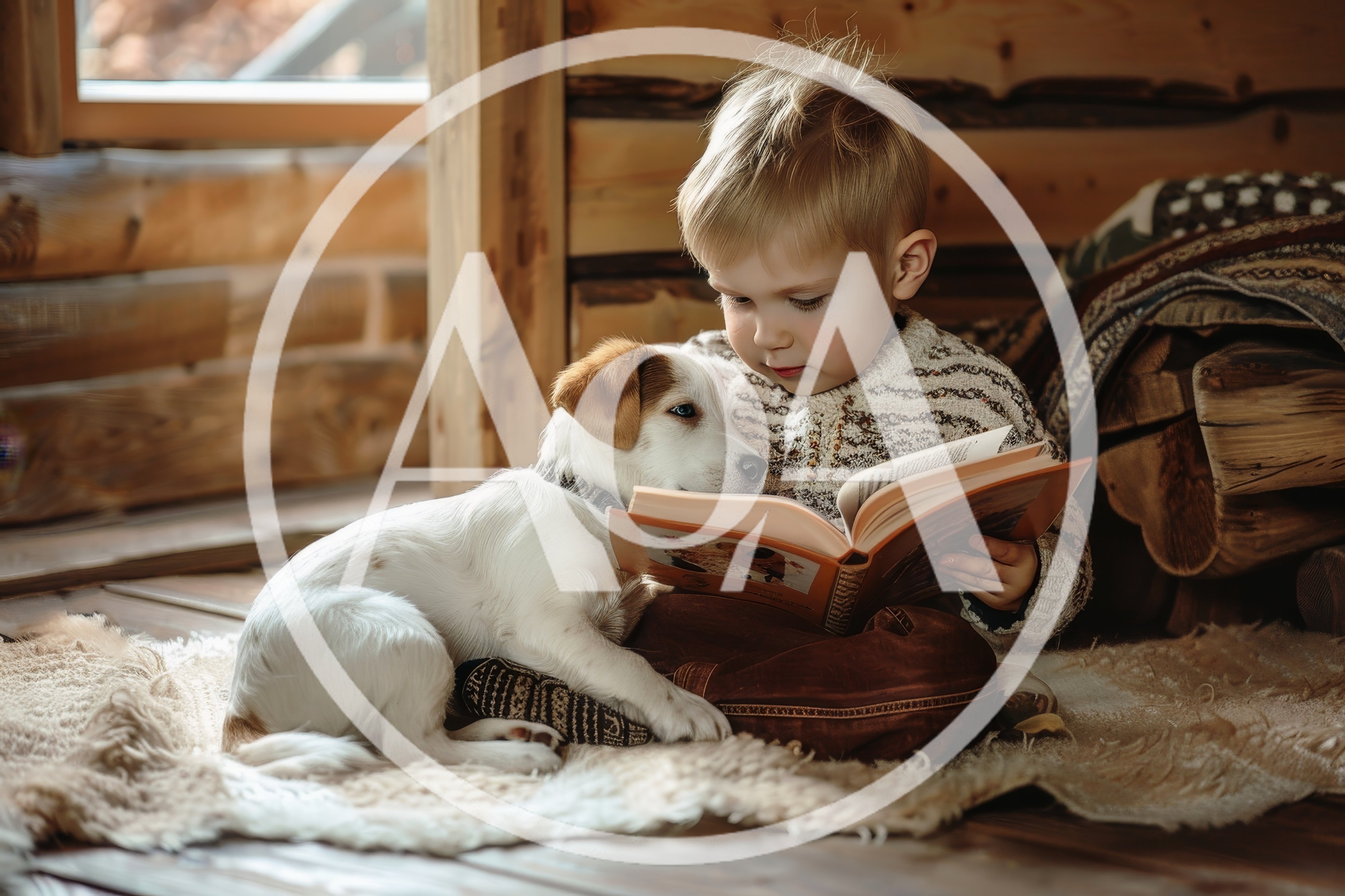 Young Boy Reading A Book With His Puppy