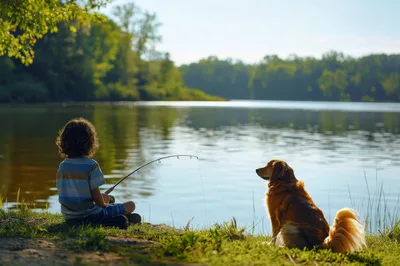 Young Boy Fishing With His Golden Retriever Dog