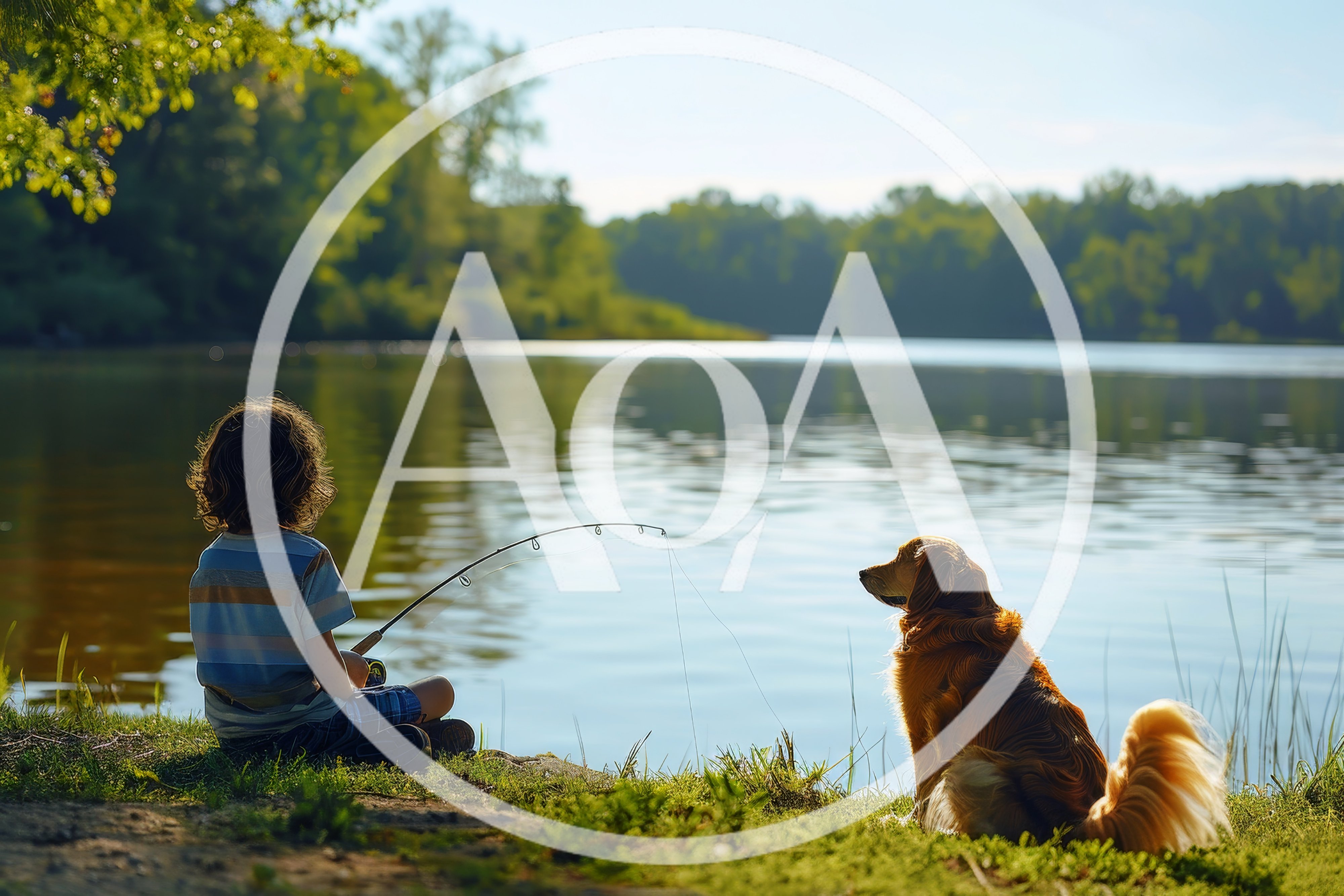 Young Boy Fishing With His Golden Retriever Dog