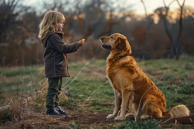 Young Child Feeding A Golden Retriever Outdoors
