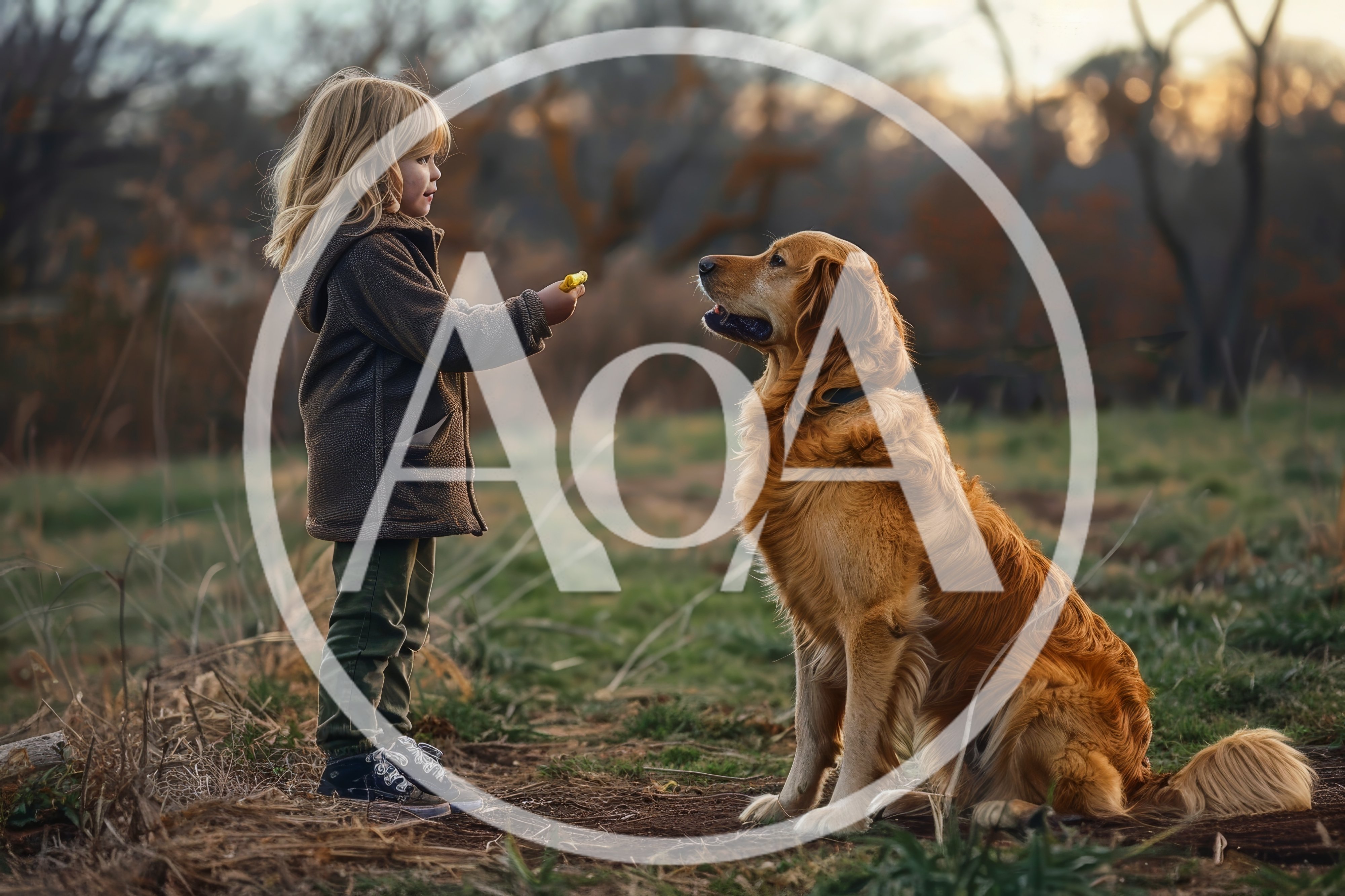 Young Child Feeding A Golden Retriever Outdoors