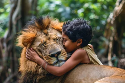 Young Boy Hugging A Large Male Lion