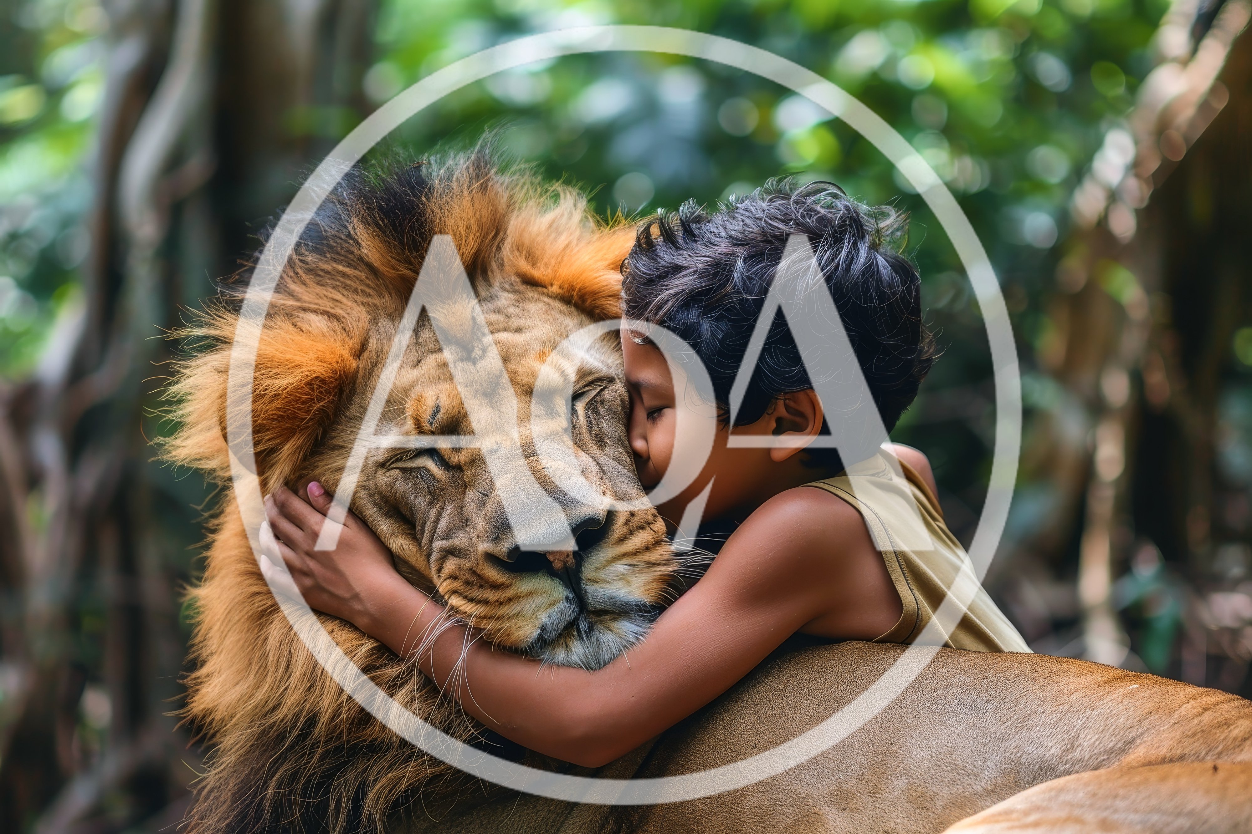 Young Boy Hugging A Large Male Lion
