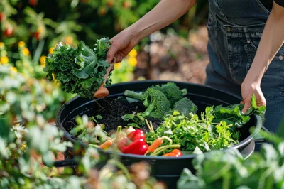 Person Adding Organic Kitchen Scraps To Compost Bin