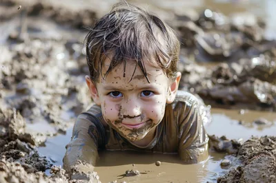 Young Boy Playing Happily in Muddy Water