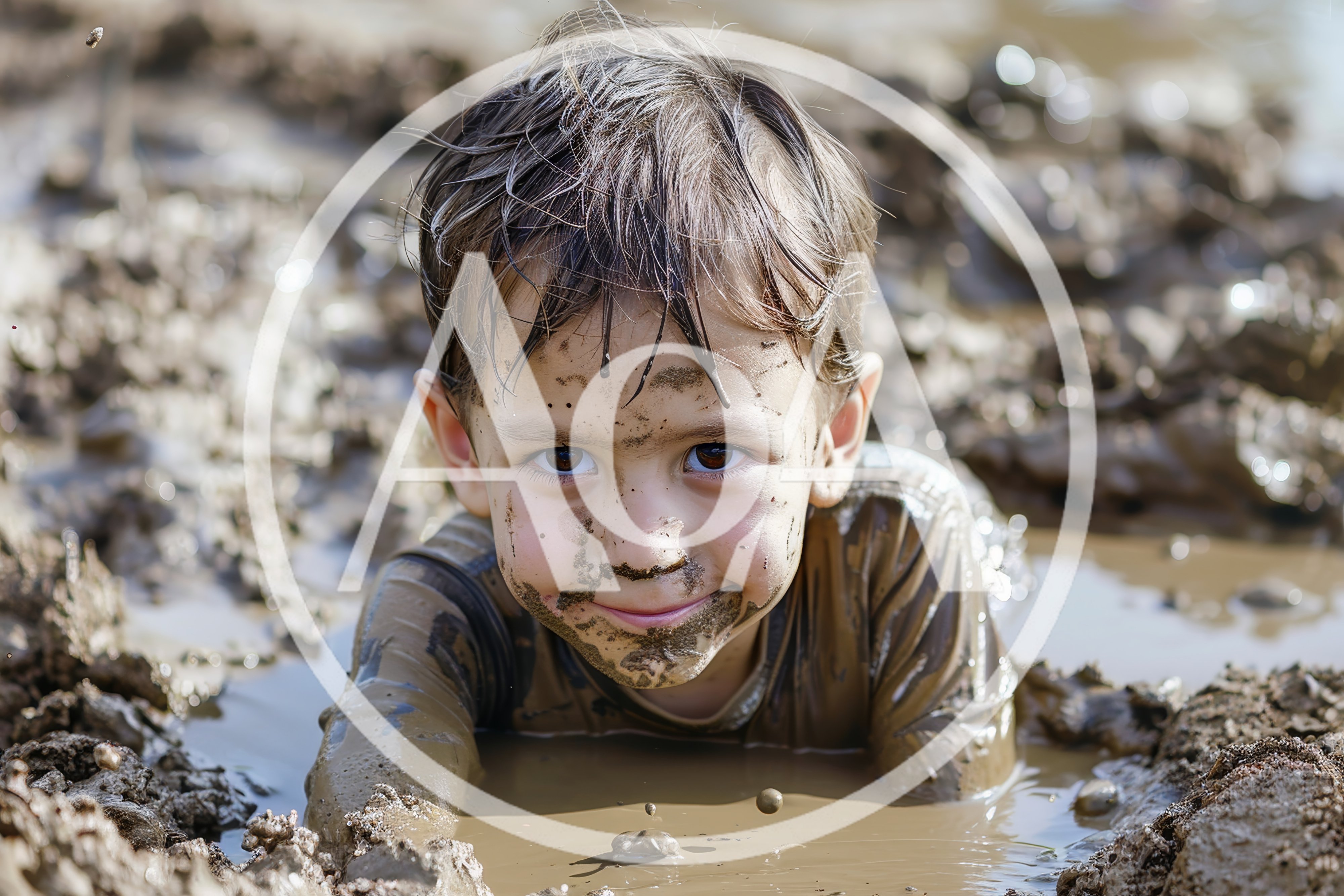 Young Boy Playing Happily in Muddy Water