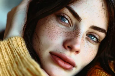 Close Up Portrait Of A Young Woman With Freckles