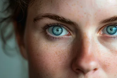 Close Up Portrait Of A Woman With Blue Eyes