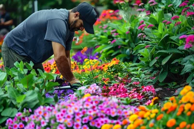 Professional Gardener Tending To Vibrant Flower Bed
