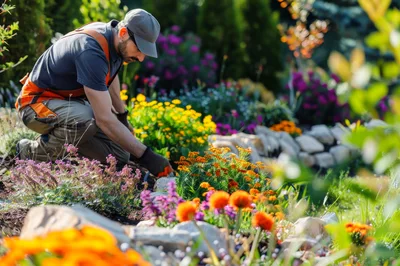 Professional Gardener Working in a Vibrant Flower Bed