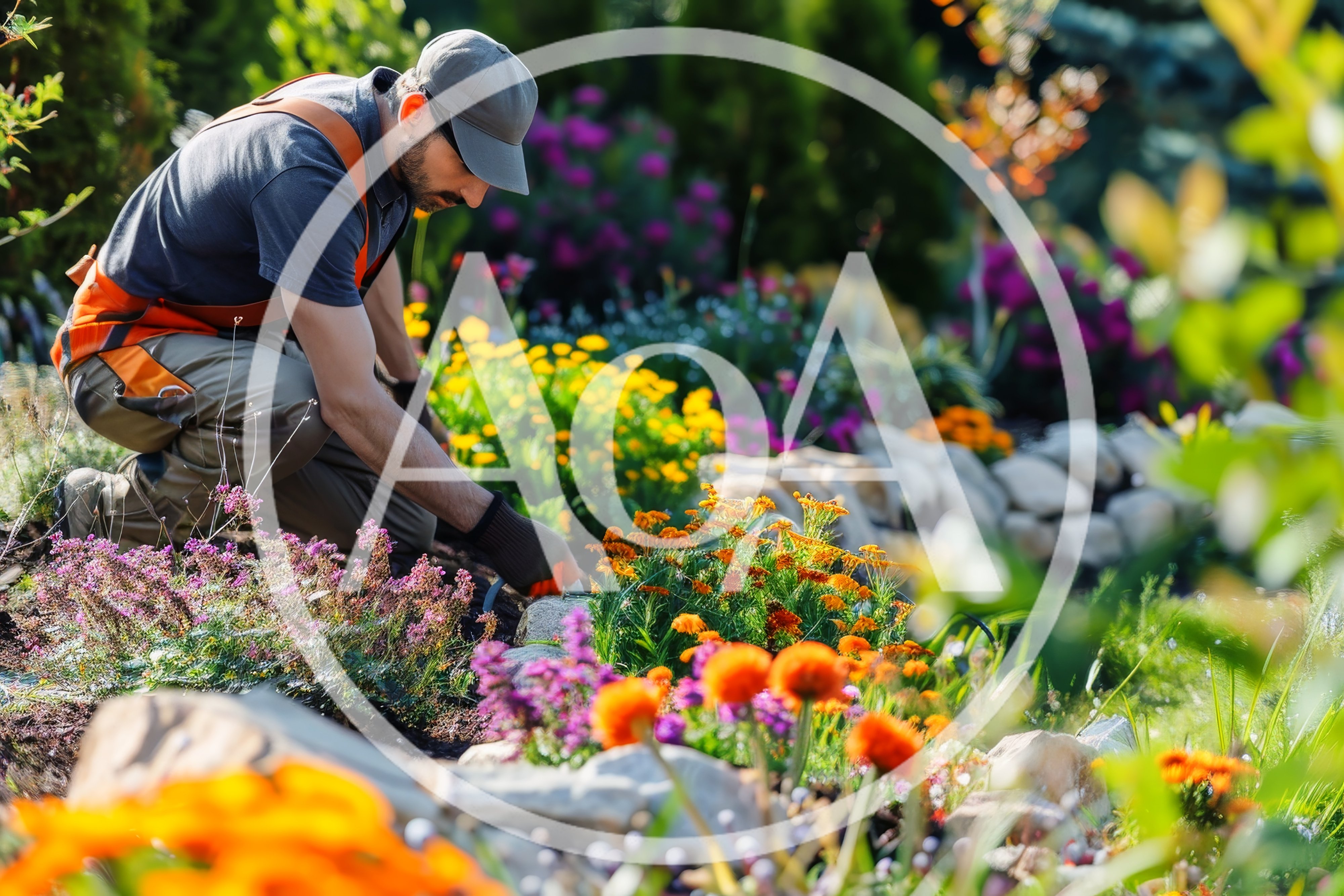 Professional Gardener Working in a Vibrant Flower Bed