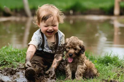 Toddler Playing In Mud With A Puppy